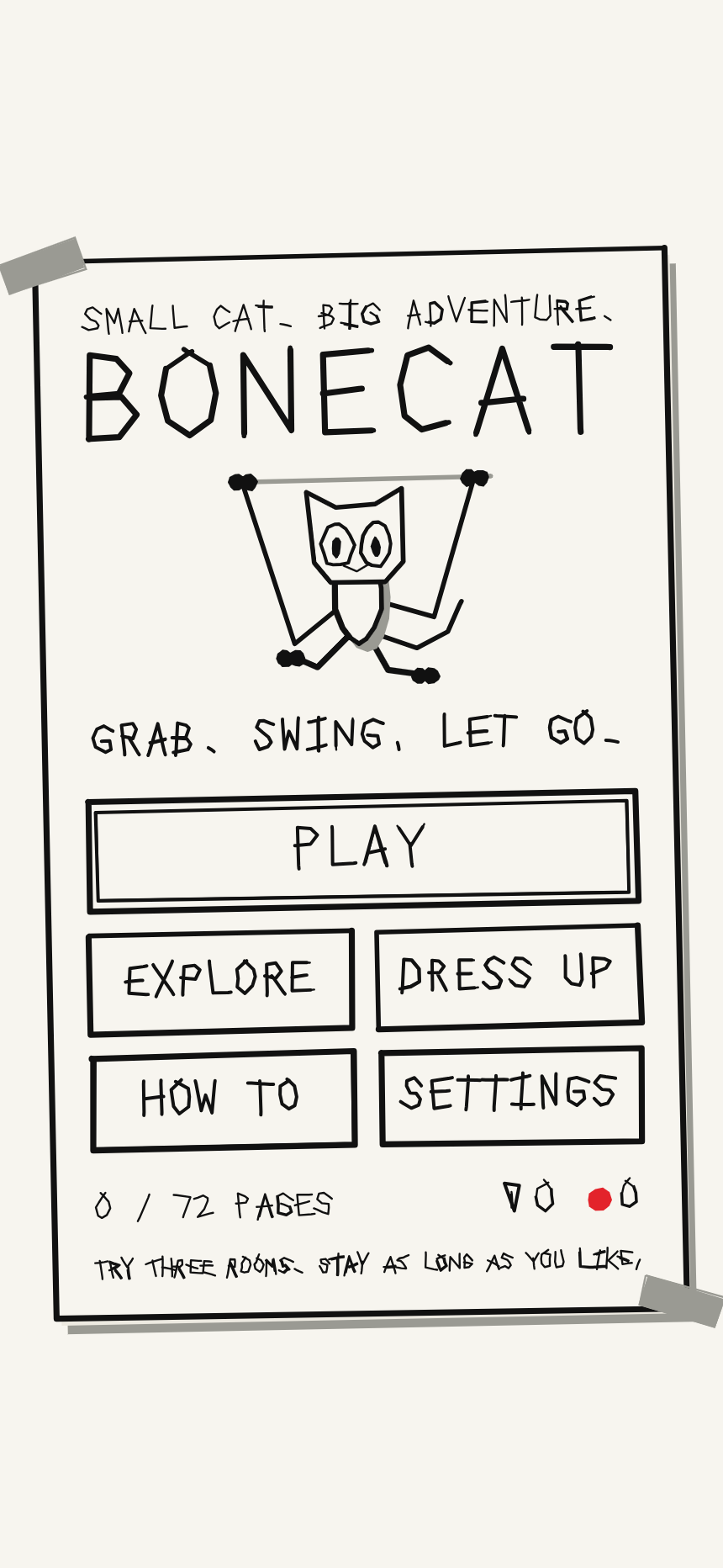 Bonecat's hand-drawn main menu